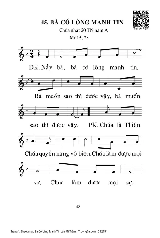 Sheet nhạc PDF bài Bà Có Lòng Mạnh Tin