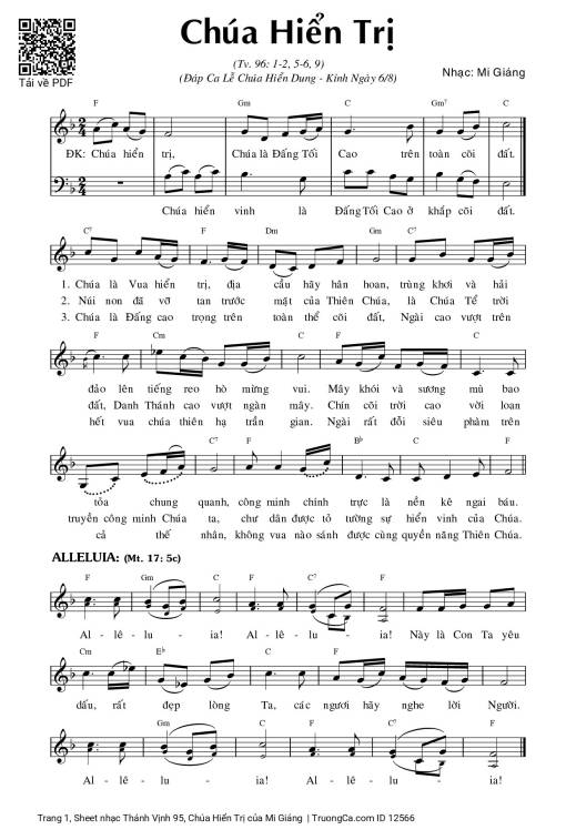 Sheet nhạc PDF bài Thánh Vịnh 95, Chúa Hiển Trị