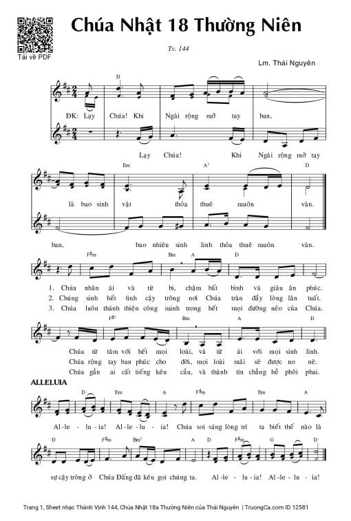Sheet nhạc PDF bài Thánh Vịnh 144, Chúa Nhật 18a Thường Niên
