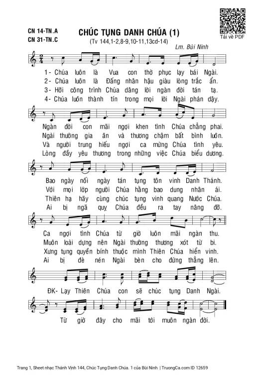 Sheet nhạc PDF bài Thánh Vịnh 144, Chúc Tụng Danh Chúa. 1