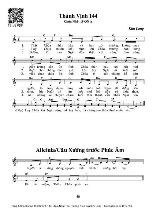 Sheet nhạc PDF bài Thánh Vịnh 144, Chúa Nhật 18a Thường Niên