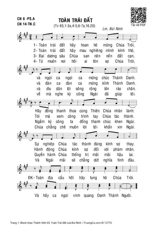 Sheet nhạc PDF bài Thánh Vịnh 65, Toàn Trái đất