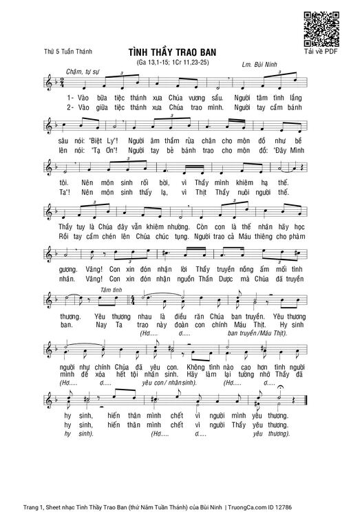 Sheet nhạc PDF bài Tình Thầy Trao Ban (thứ Năm Tuần Thánh)