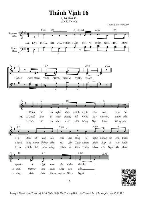 Sheet nhạc PDF bài Thánh Vịnh 16, Chúa Nhật 32c Thường Niên