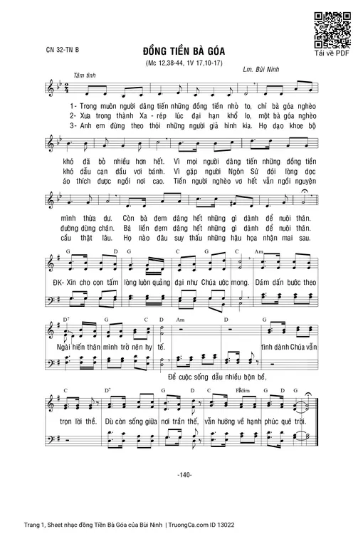 Sheet nhạc PDF bài đồng Tiền Bà Góa