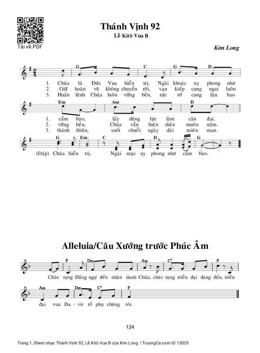 Sheet nhạc PDF bài Thánh Vịnh 92, Lễ Kitô Vua B
