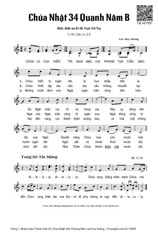 Sheet nhạc PDF bài Thánh Vịnh 92, Chúa Nhật 34b Thường Niên