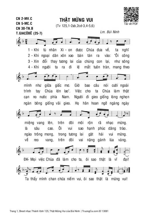 Sheet nhạc PDF bài Thánh Vịnh 125, Thật Mừng Vui