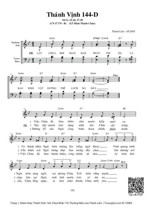 Sheet nhạc PDF bài Thánh Vịnh 144, Chúa Nhật 17b Thường Niên