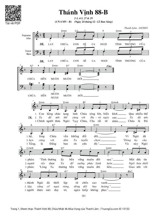 Sheet nhạc PDF bài Thánh Vịnh 88, Chúa Nhật 4b Mùa Vọng