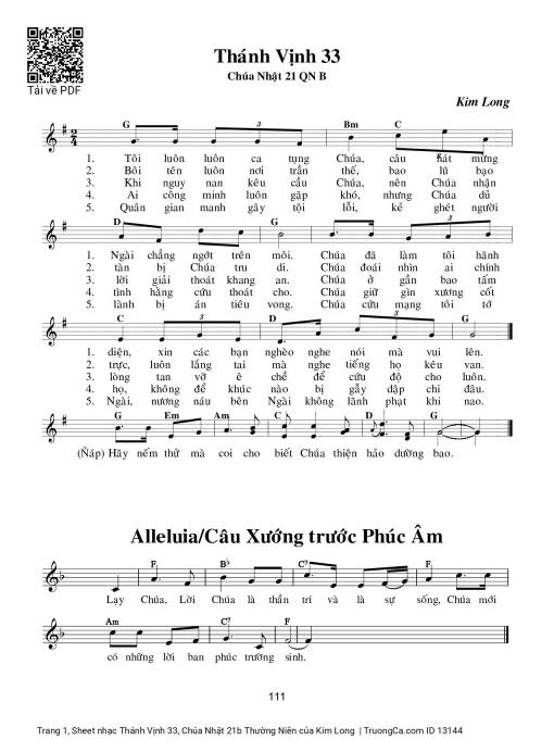 Sheet nhạc PDF bài Thánh Vịnh 33, Chúa Nhật 21b Thường Niên