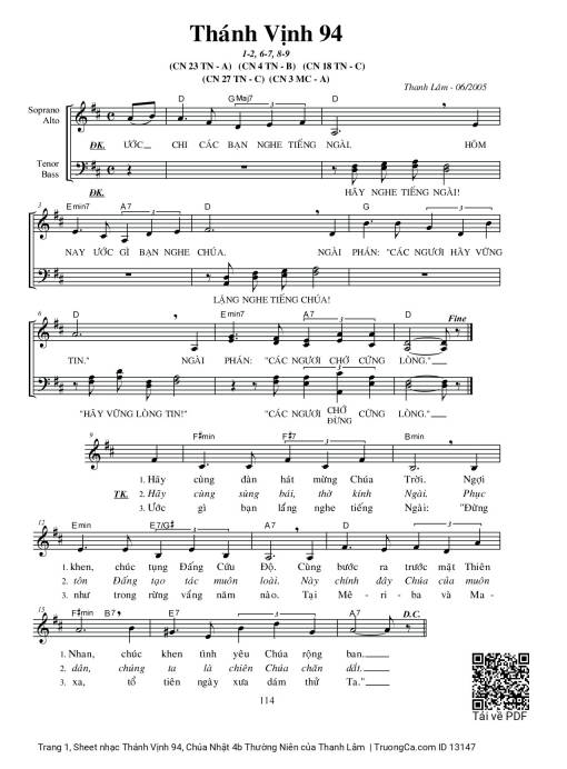 Sheet nhạc PDF bài Thánh Vịnh 94, Chúa Nhật 4b Thường Niên