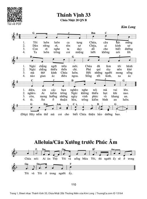 Sheet nhạc PDF bài Thánh Vịnh 33, Chúa Nhật 20b Thường Niên