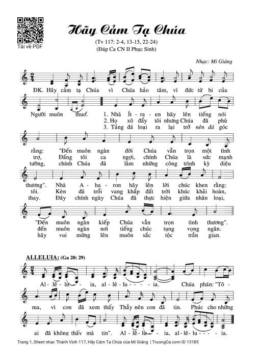 Sheet nhạc PDF bài Thánh Vịnh 117, Hãy Cảm Tạ Chúa