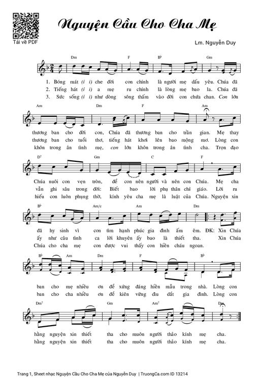 Sheet nhạc PDF bài Nguyện Cầu Cho Cha Mẹ