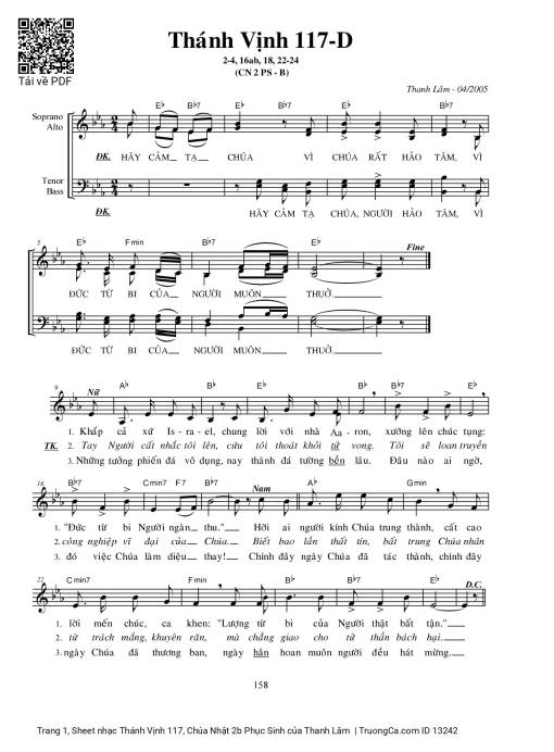 Sheet nhạc PDF bài Thánh Vịnh 117, Chúa Nhật 2b Phục Sinh