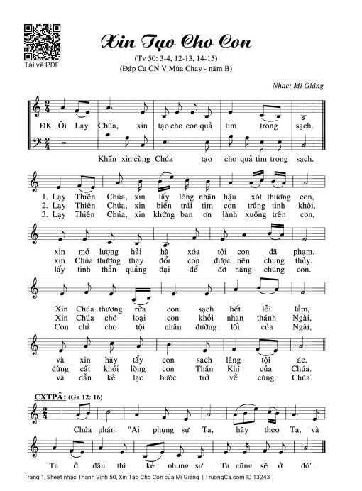 Sheet nhạc PDF bài Thánh Vịnh 50, Xin Tạo Cho Con