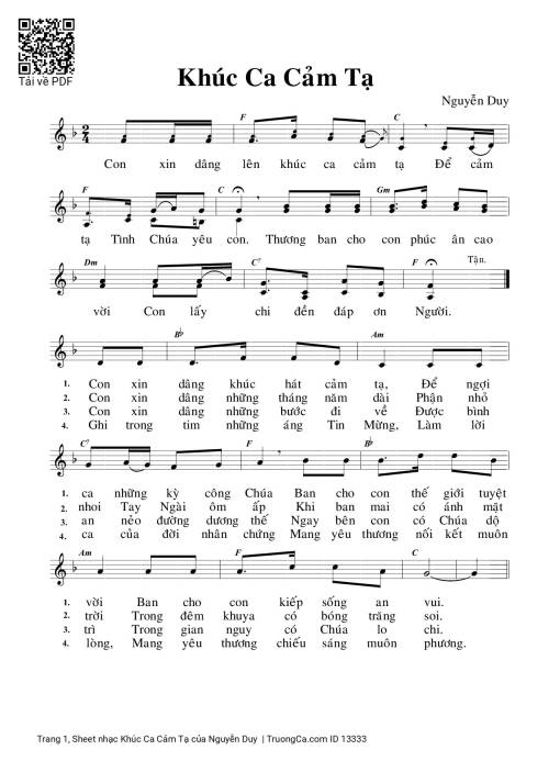 Sheet nhạc PDF bài Khúc Ca Cảm Tạ