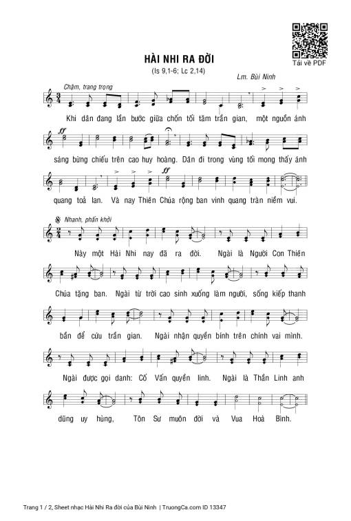 Sheet nhạc PDF bài Hài Nhi Ra đời