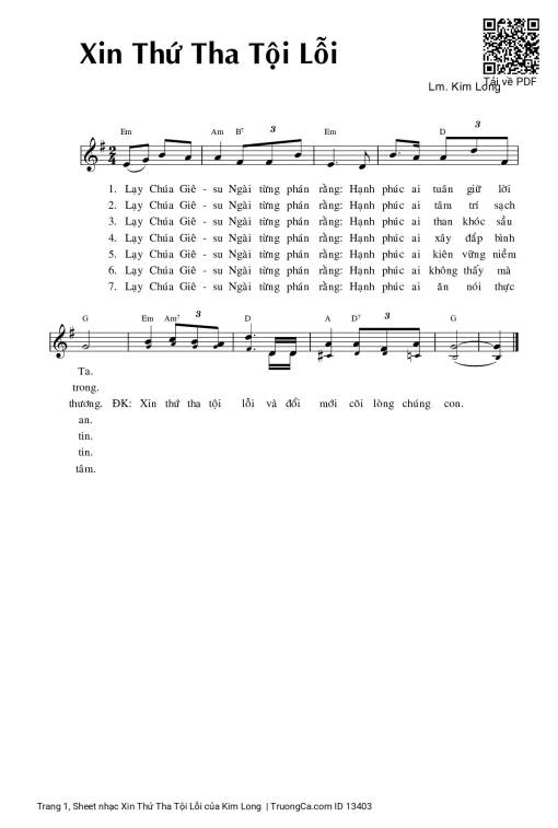 Sheet nhạc PDF bài Xin Thứ Tha Tội Lỗi