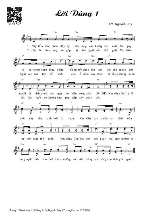 Sheet nhạc PDF bài Lời Dâng 1 - Nguyễn Duy