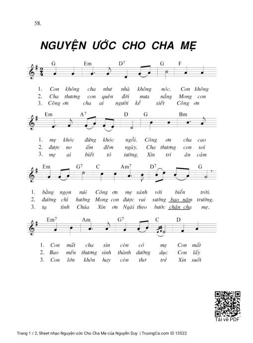 Sheet nhạc PDF bài Nguyện ước Cho Cha Mẹ