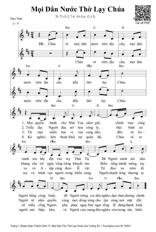 Sheet nhạc PDF bài Thánh Vịnh 71, Mọi Dân Tộc Thờ Lạy Chúa