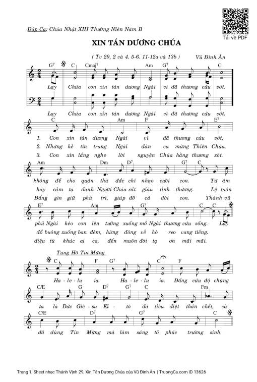 Sheet nhạc PDF bài Thánh Vịnh 29, Xin Tán Dương Chúa
