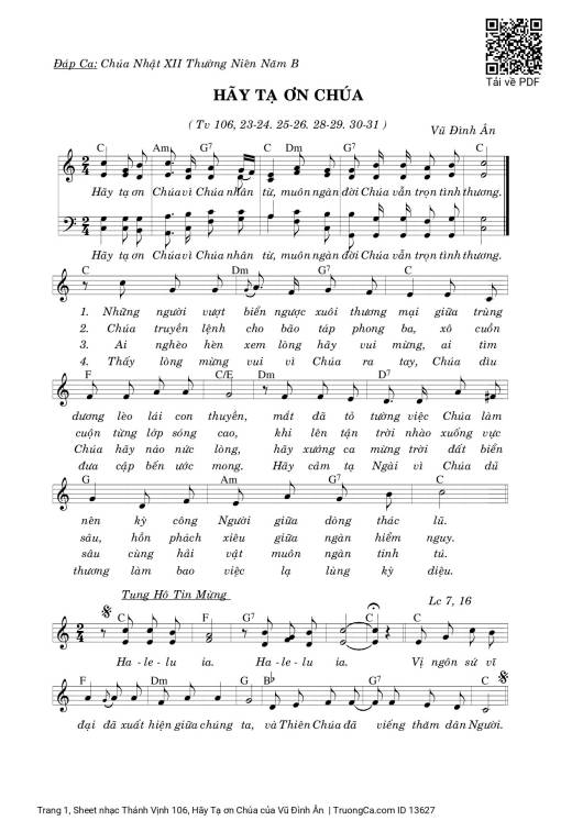 Sheet nhạc PDF bài Thánh Vịnh 106, Hãy Tạ ơn Chúa