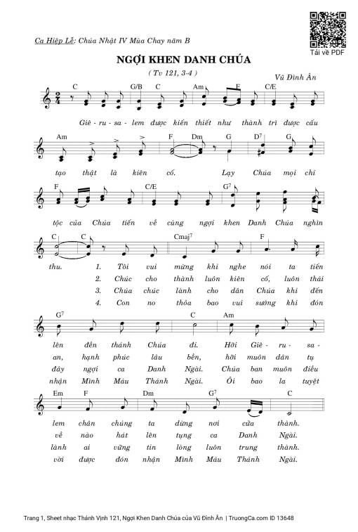 Sheet nhạc PDF bài Thánh Vịnh 121, Ngợi Khen Danh Chúa
