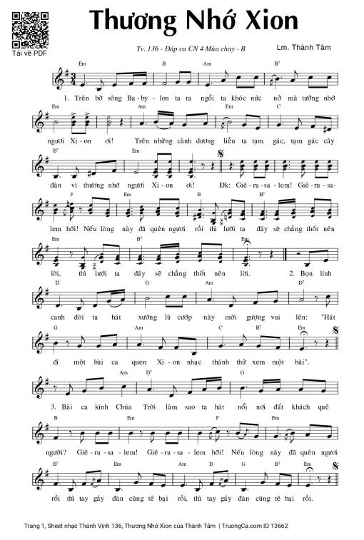 Sheet nhạc PDF bài Thánh Vịnh 136, Thương Nhớ Xion