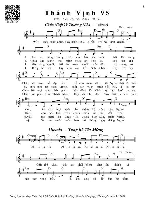 Sheet nhạc PDF bài Thánh Vịnh 95, Chúa Nhật 29a Thường Niên