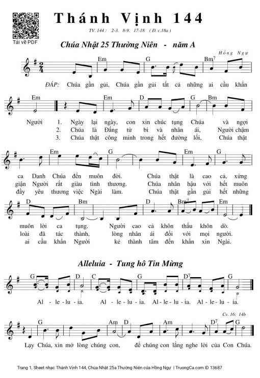 Sheet nhạc PDF bài Thánh Vịnh 144, Chúa Nhật 25a Thường Niên