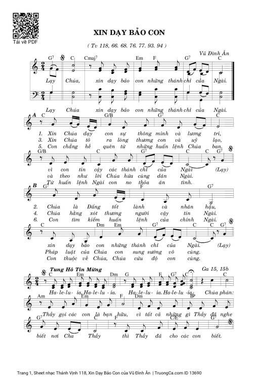 Sheet nhạc PDF bài Thánh Vịnh 118, Xin Dạy Bảo Con