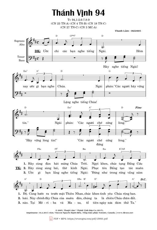 Sheet nhạc PDF bài Thánh Vịnh 94, Chúa Nhật 23A Thường Niên