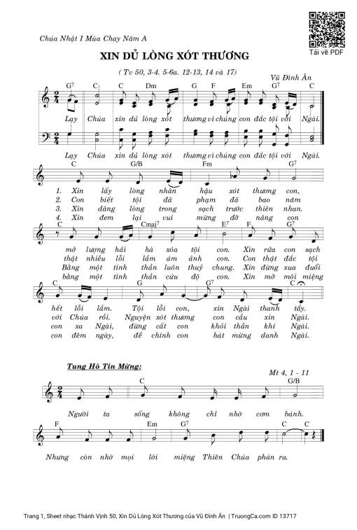 Sheet nhạc PDF bài Thánh Vịnh 50, Xin Dủ Lòng Xót Thương