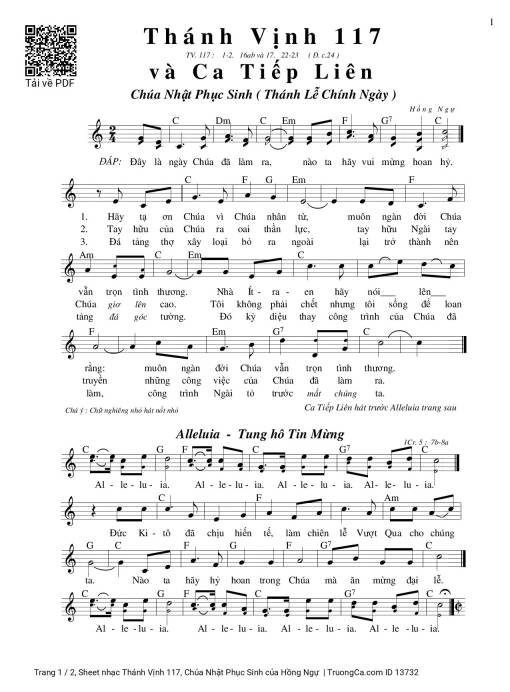 Sheet nhạc PDF bài Thánh Vịnh 117, Chúa Nhật Phục Sinh