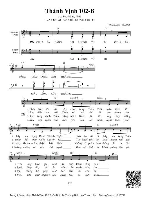 Sheet nhạc PDF bài Thánh Vịnh 102, Chúa Nhật 7c Thường Niên