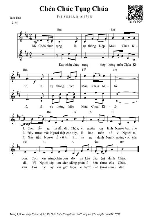 Sheet nhạc PDF bài Thánh Vịnh 115, Chén Chúc Tụng Chúa