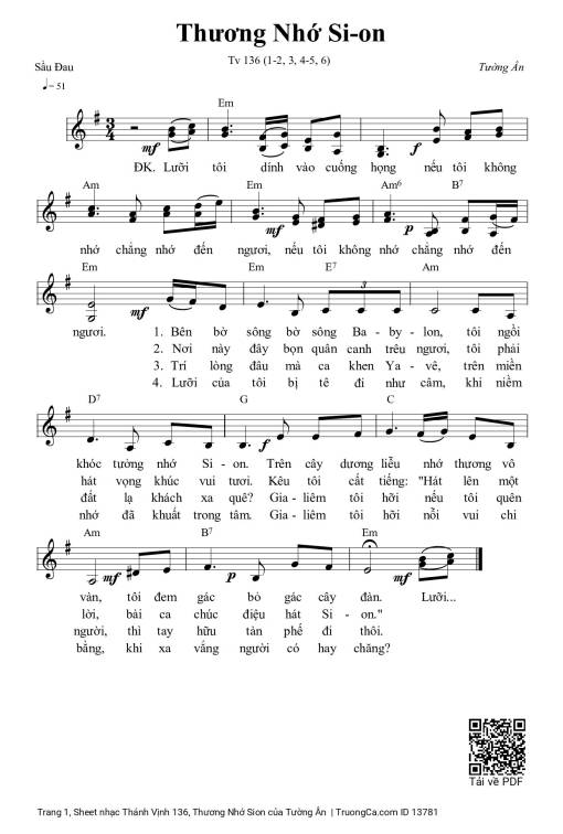 Sheet nhạc PDF bài Thánh Vịnh 136, Thương Nhớ Sion