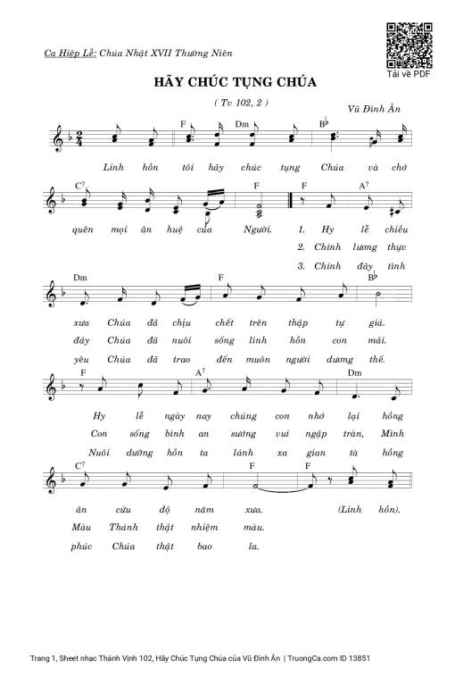 Sheet nhạc PDF bài Thánh Vịnh 102, Hãy Chúc Tụng Chúa