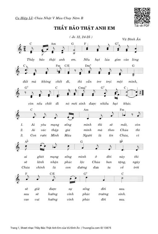 Sheet nhạc PDF bài Thầy Bảo Thật Anh Em