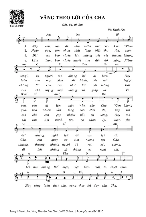 Sheet nhạc PDF bài Vâng Theo Lời Của Cha
