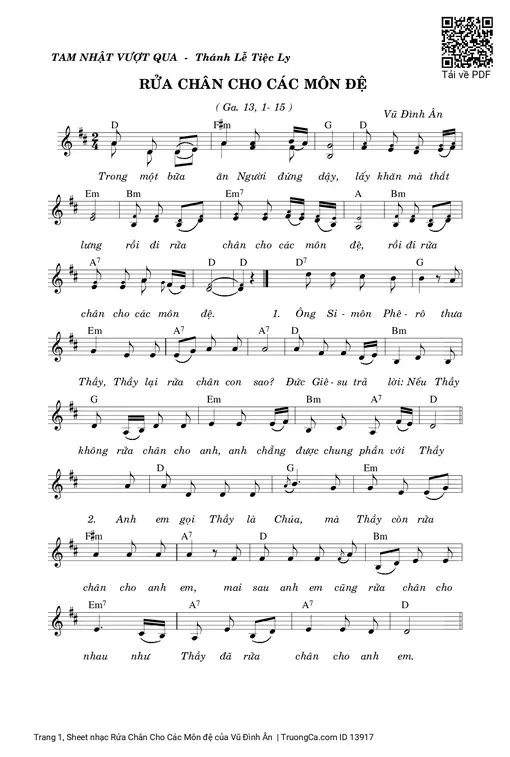 Sheet nhạc PDF bài Rửa Chân Cho Các Môn đệ