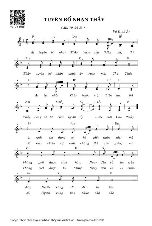 Sheet nhạc PDF bài Tuyên Bố Nhận Thầy