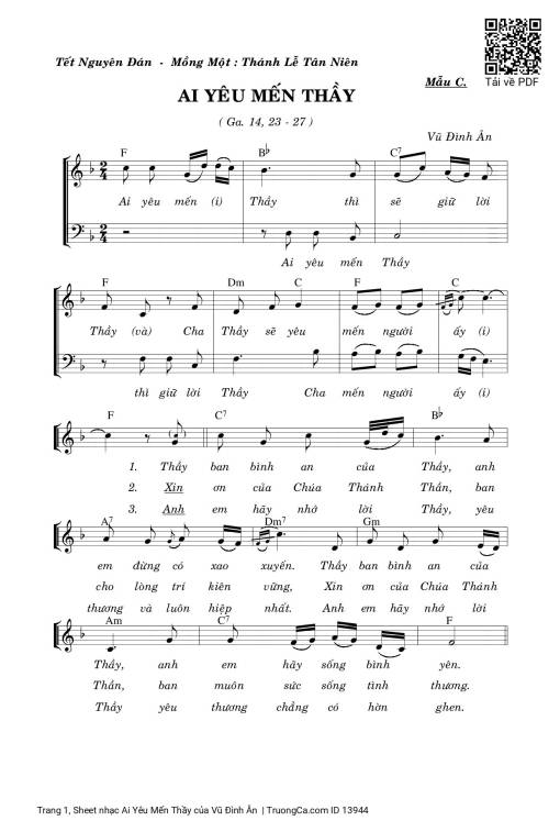Sheet nhạc PDF bài Ai Yêu Mến Thầy
