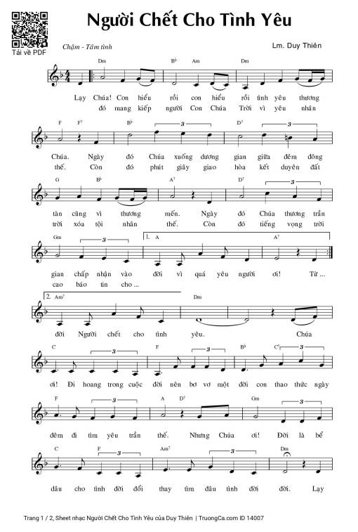 Sheet nhạc PDF bài Người Chết Cho Tình Yêu