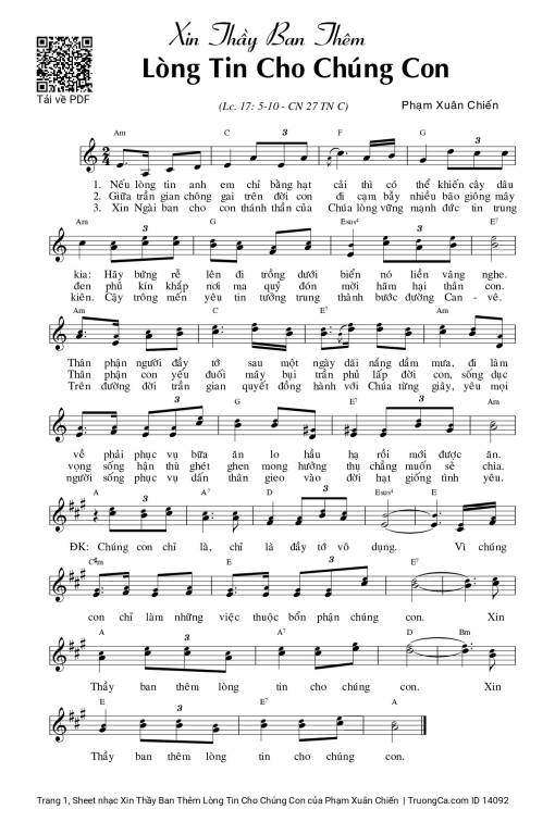 Sheet nhạc PDF bài Xin Thầy Ban Thêm Lòng Tin Cho Chúng Con