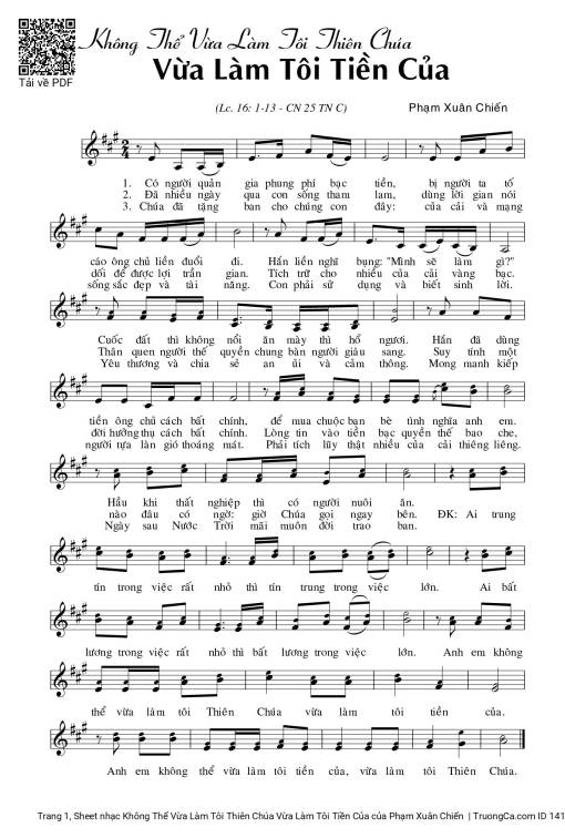 Sheet nhạc PDF bài Không Thể Vừa Làm Tôi Thiên Chúa Vừa Làm Tôi Tiền Của