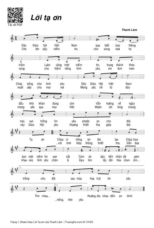 Sheet nhạc PDF bài Lời Tạ ơn - Thanh Lâm